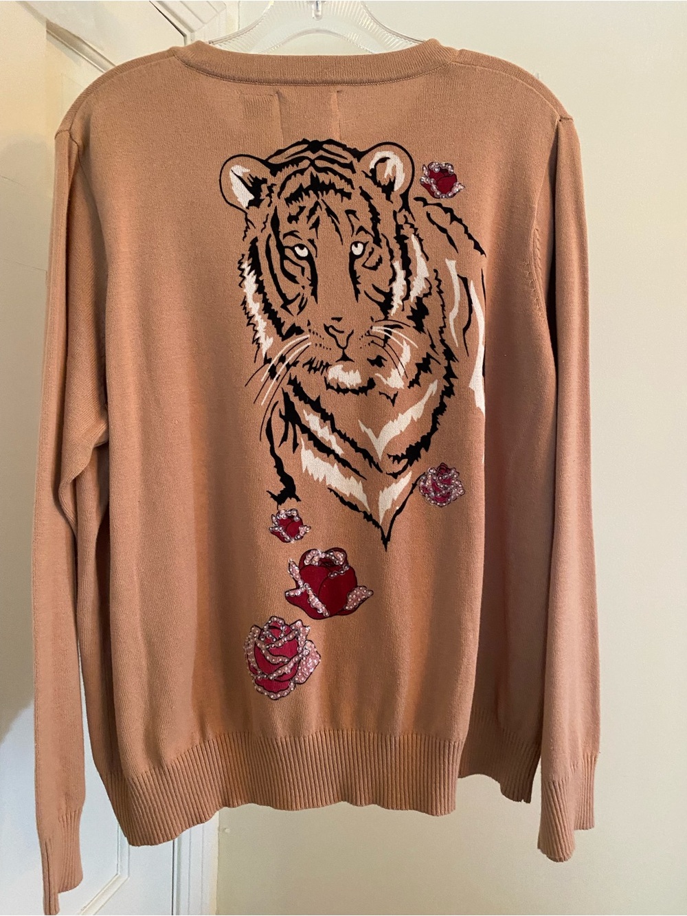 Storybook Knits Cozy Tan Button-Up Sweater Cardigan Tiger on the back 1X